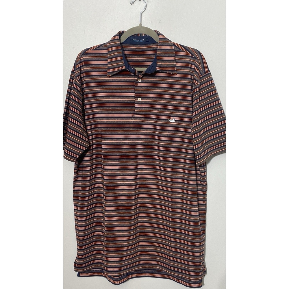 Southern Marsh Polo Shirt Men's Blue & Orange Striped Short Sleeve Golf Size M/L